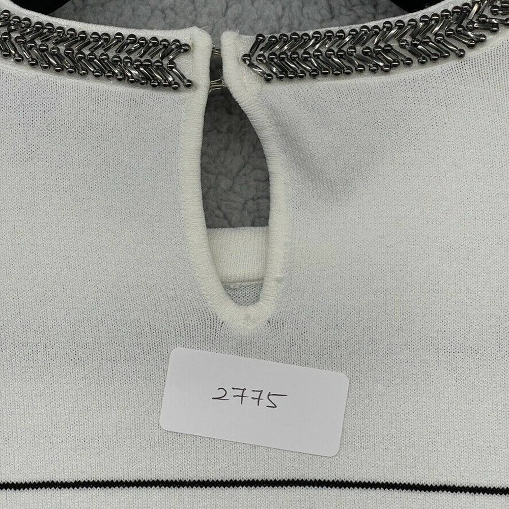White House Black Market Women Blouse White Striped Beaded Long Sleeve Size XS - Picture 12 of 12